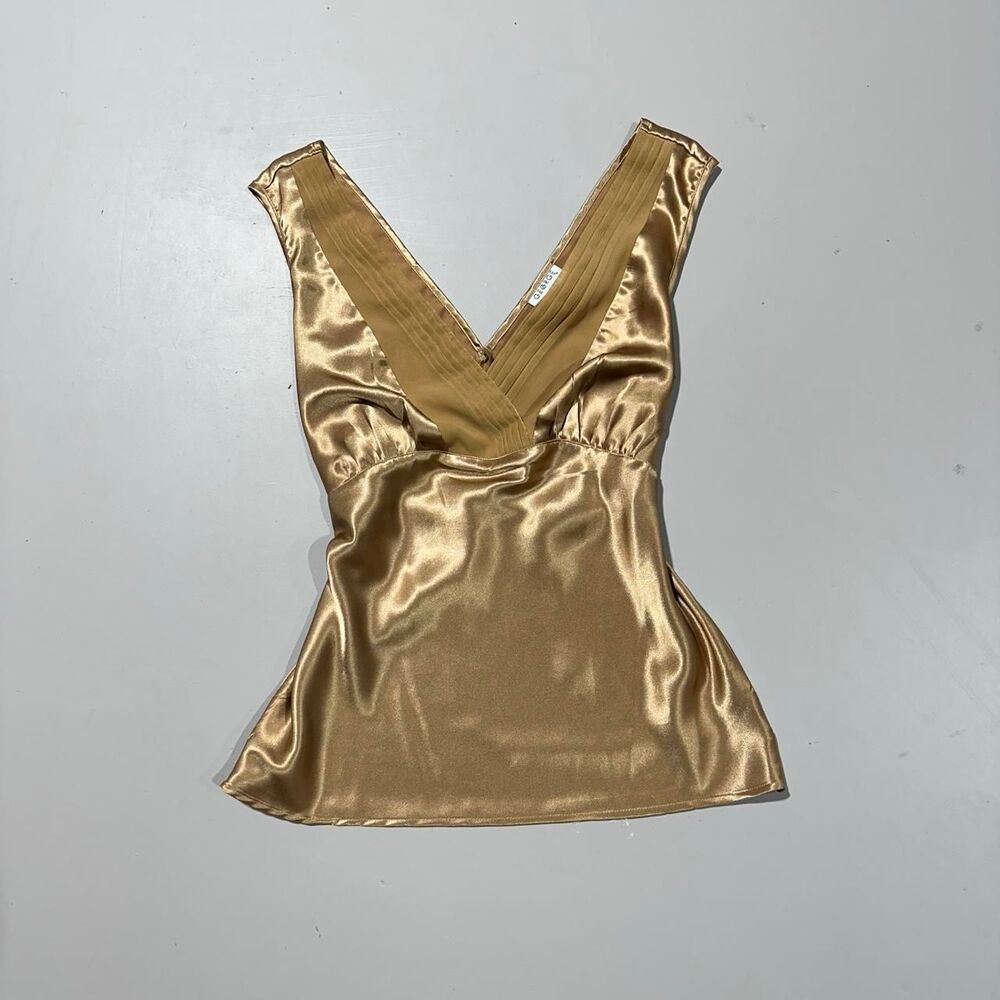 George Women's Medium Y2K Gold Satin V-Neck Blouse with Tie Waist